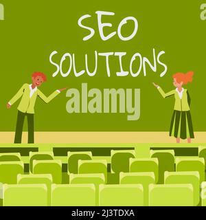 Handschriftenschild Seo Solutions. Wort geschrieben auf Search Engine Result Page Besucherzuwachs durch Rankings männliche und weibliche Kollegen, die Präsentation machen Stockfoto