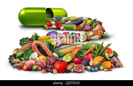 Natürliche Vitaminernährung und Nahrungsergänzungsmittel als Kapsel mit Nüssen und Bohnen aus Obst und Gemüse in einer Nährstoffpille als natürliche Medizin. Stockfoto