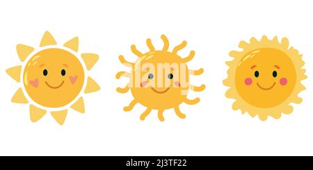 Set Sun Cartoon Flat Style. Kinderstil. Stock Vektor
