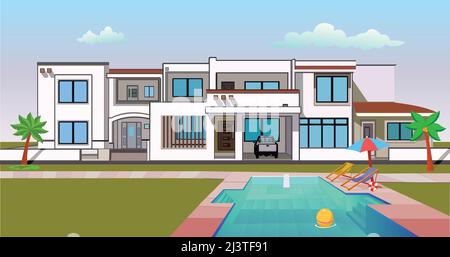 Moderne Hausimmobilien mit Pool im flachen Stil Vektor-Illustration. Stock Vektor