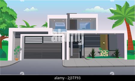 Moderne Hausimmobilien mit Pool im flachen Stil Vektor-Illustration. Stock Vektor