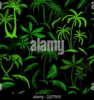 Vektor nahtlose tropische Muster mit Palmen auf schwarzem Hintergrund. Vektor florale Illustration für Textil, Druck, Tapeten, Verpackung. Stock Vektor