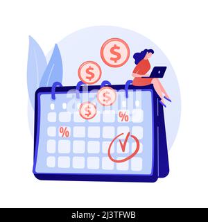 Zinsen auf Einlagen, profitable Investitionen, festverzinsliche Wertpapiere. Regelmäßige Zahlungen, wiederkehrende Bareingänge. Geldempfänger mit Kalender Cartoon-Charakter. Stock Vektor