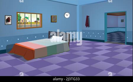 Dorfhaus Zimmer im Cartoon-Hintergrund mit gemütlichem Bett, Tisch, Fenster, Tür, Stuhl Vektor-Illustration. Stock Vektor