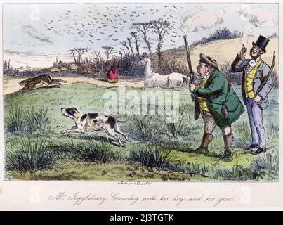 Herr Jogglebury Crowdey mit seinem Hund und seiner Waffe. Handkolorierter Stahlstich von John Leech von Robert Smith Surtees’ Mr. Sponge’s Sporting Tour, um 1850. Herr Sponge und Herr Crowdey sehen bei einer Jagd auf dem englischen Land einen Hasen entkommen. Stockfoto