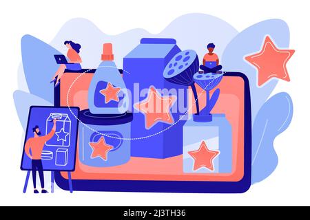 Marketingstrategie, Werbekampagne, Gestaltung von Inhalten durch Designer. Verpackungsdesign, unverwechselbar gestaltete Verpackungen, fangen das Kundenaugenkonzept ein. Pin Stock Vektor