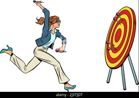 Frau Geschäftsfrau Ziel Dart Zielgenauigkeit Wettbewerb, Sport Spaß und Erholung. Pop Art retro Vektor Illustration Comic Karikatur 50s 60s sty Stock Vektor