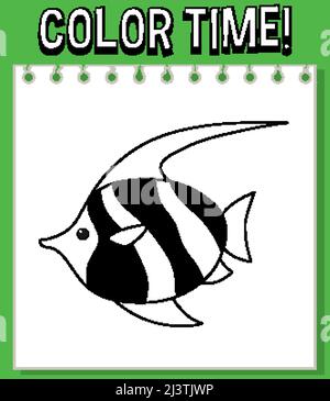 Arbeitsblattsheets-Vorlage mit farbiger Zeitdarstellung und Fischskizze Stock Vektor