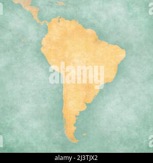 Leere Übersichtskarte von Südamerika. Die Karte ist im Vintage-Sommer-Stil und in sonniger Stimmung. Die Karte hat eine sanfte Grunge und Vintage-Atmosphäre, die als wirkt Stockfoto