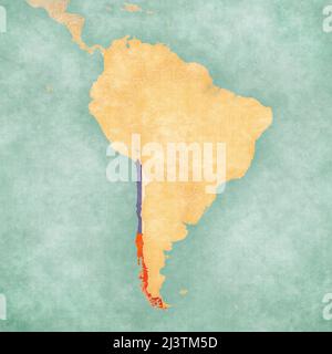 Chile (chilenische Flagge) auf der Landkarte von Südamerika. Die Karte ist im Vintage-Sommer-Stil und in sonniger Stimmung. Die Karte hat eine sanfte Grunge und Vintage-Atmosphäre, Stockfoto