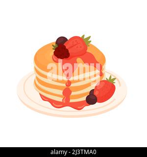 Pfannkuchen mit Obst Frühstück. Morgengericht Essen, hausgemachte Speisen isoliert Illustration Stock Vektor