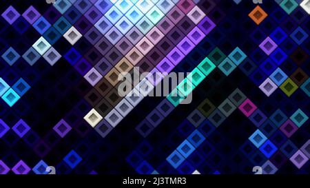 Schönes vielfarbiger Mosaik in Abstraktion. Bewegung. Neon leuchtend lila Würfel schimmern mit verschiedenen Farben. Stockfoto