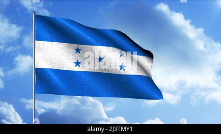 Flagge von Honduras. Bewegung.Blaue Flagge mit weißem Streifen. In der Mitte der Flagge sind fünf fünfzackige blaue Sterne auf einem weißen Streifen platziert. Es ist ja so Stockfoto
