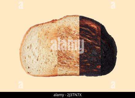 Draufsicht Nahaufnahme der Scheibe Brot Toast mit verschiedenen Stufen des Toastens von ungeröstet bis vollständig verbrannt isoliert auf braunem Hintergrund Stockfoto