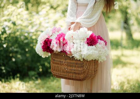 Frau mit einem Korb mit schönen frischen Pfingstrosen. Bouquet von rosa und weißen Blumen. Sommertapete. Stockfoto