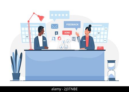 Kundendienst, Remote-Hotline mit Administratoren in Headsets. Online-Arbeit von männlichen und weiblichen Assistenten am Arbeitsplatz mit Schreibtisch und Laptops flache Vektor-Illustration. Call Center-Konzept Stock Vektor