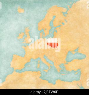 Polen (polnische Flagge) auf der Europakarte. Die Karte ist im Vintage-Sommer-Stil und in sonniger Stimmung. Die Karte hat eine weiche Grunge und Vintage-Atmosphäre, die Stockfoto