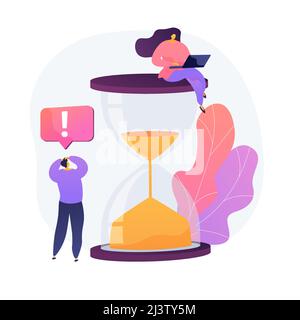 Gestresster Workflow. Frau mit Laptop sitzt auf Sanduhr Cartoon-Figur. Zeitmangel, Programmierer-Team, Teamarbeit Prozess. Coworking-Projekt. Vect Stock Vektor