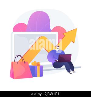 Umsatzraten des Unternehmens. Kaufgeschenk, Umsatzwachstum, Unternehmensgewinnanalyse. Online Store Manager analysiert Einkommen. Man berechnet die Investitionsausgaben. Stock Vektor