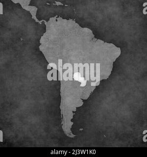 Paraguay auf der Landkarte von Südamerika. Die Karte ist im Vintage-Schwarz-Weiß-Stil gehalten. Die Karte hat sanftes Grunge und Retro-Atmosphäre aus altem Papier. Stockfoto