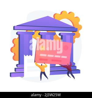 Zahlungskarte. Elektronische Überweisung. Bunte Cartoon-Figuren mit Kunststoff-Kreditkarte. Bankwesen, Kredit, Kaution. Kontaktloses Zahlungssystem Stock Vektor