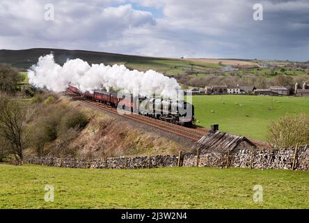 Die Dampflokomotive „British India Line“ fährt einen Spezialzug auf der Eisenbahnlinie Settle-Carlisle südwärts, vorbei an Smardale, nahe Kirkby Stephen. Stockfoto