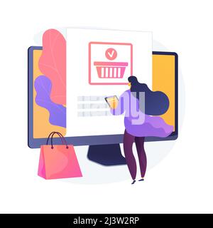 Online-Bestellung, Kauf machen, Kauf von Waren auf Internet-Shop-Website. Weibliche Kunden mit Tablet Hinzufügen Produkt in den Warenkorb Cartoon-Charakter. Vektor Stock Vektor