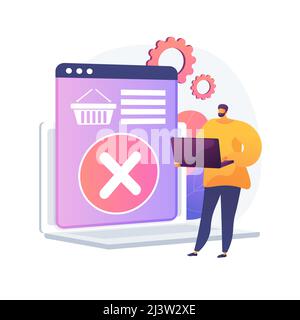 Entfernen von Waren aus dem Warenkorb, Verweigerung des Kaufs, Änderung der Entscheidung. Löschen von Elementen, Entleeren des Papierkorbs. Online-Shopping-App, Laptop-Benutzer Cartoon-Charakter Stock Vektor
