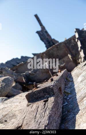 Selektiver Fokus auf einen rostigen Nagel und einen Teil eines Woord-Balkens im Wrack eines kleinen Bootes. Stockfoto