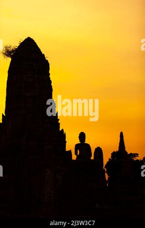 Die Landschaft des alten buddhistischen Tempels von Wat Chaiwatthanaram in der Abenddämmerung, die alte Buddha-Statue und die Pagode gegen den Sonnenuntergang Himmel. Ayutthaya. Stockfoto