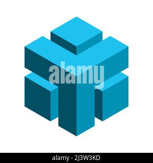 Blaue, abstrakte Würfelform. Vorlage für das Y-Logo mit 3D Buchstaben. Geometrisches quadratisches Objekt. Isometrische Buchstaben Y L-Symbol. Firmenlogo. Architekturblock Stock Vektor