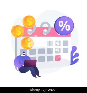 Zinsen auf Einlagen, profitable Investitionen, festverzinsliche Wertpapiere. Regelmäßige Zahlungen, wiederkehrende Bareingänge. Geldempfänger mit Kalender Cartoon-Charakter. Stock Vektor