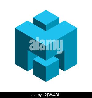 Blaue, abstrakte Würfelform. Vorlage für M-Logo mit 3D Buchstaben. Geometrisches quadratisches Objekt. Isometrische Buchstaben M L-Symbol. Firmenlogo. Architekturblock Stock Vektor