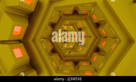 Ein Lichttunnel . Design. Ein gelber Pfad mit kleinen orangefarbenen Quadraten, die sich in Abstraktion nach innen bewegen. Stockfoto