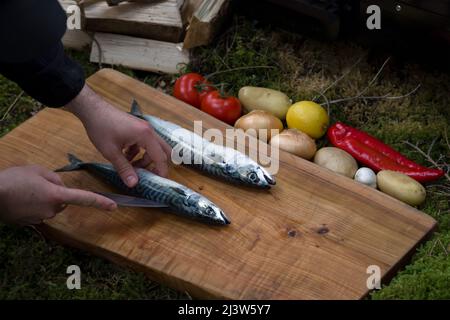 Makrelenfisch zum Kochen mit Gemüse auf einem hölzernen Schneidebrett im Freien vorbereiten Stockfoto