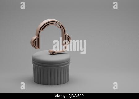 Schöne abstrakte Illustrationen musikalische große Kopfhörer mit Mikrofon Symbol Symbole auf einer Säule und wunderbaren Hintergrund. 3D Rendering-Illustration. Stockfoto