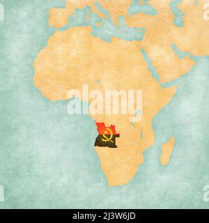 Angola (angolanische Flagge) auf der Landkarte von Afrika. Die Karte ist im Vintage-Sommer-Stil und in sonniger Stimmung. Die Karte hat sanftes Grunge und Vintage-Atmosphäre, wie wa Stockfoto