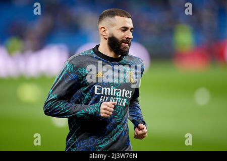 Karim Benzema von Real Madrid während des La Liga-Spiels zwischen Real Madrid und Getafe CF spielte am 9. April 2022 im Santiago Bernabeu Stadion in Madrid, Spanien. (Foto von Ruben Albarran / PRESSINPHOTO) Stockfoto