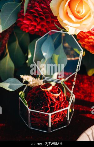 Eheringe in einer Glasbox Stockfoto