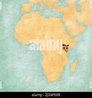 Kenia (kenianische Flagge) auf der Landkarte von Afrika. Die Karte ist im weichen Grunge- und Vintage-Stil gehalten, wie Aquarell auf altem Papier. Stockfoto