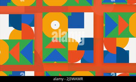 Geometrische Retro-Animation mit bewegten Figuren. Bewegung. Bunte Abstraktion mit geometrischen Formen. Bunte Kreise, Quadrate und Dreiecke im Retro-Look Stockfoto