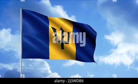 Schöne Landflagge auf dem Hintergrund des Himmels. Bewegung. Patriotischer Geist mit Flagge des Landes. Lokale Flagge von Barbados auf Fahnenmast Stockfoto