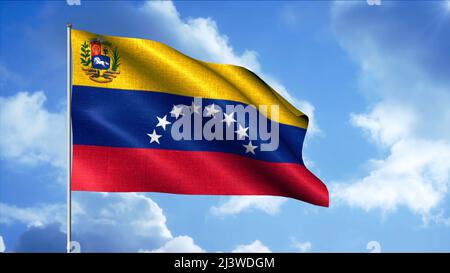 3D Flagge winkt im Wind. Bewegung. Flagge des Landes auf dem Hintergrund des Himmels mit Wolken. Patriotische Ansicht mit Flagge Venezuelas Stockfoto