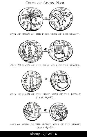 MÜNZEN VON SIMON NASI AUS DEM ERSTEN JAHR DER REVOLTE Jahr 67-68 Illustration der antiken biblischen Zeitmünze aus dem Buch "das Geld der Bibel" von George Charles Williamson, Verlag: London, The Religious Tract Society 1894 Stockfoto