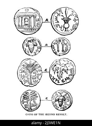MÜNZEN DER ZWEITEN REVOLTE Simon Bar Cochab, 132 n. Chr., kündigte sich selbst als Messias an, nannte sich selbst den Sohn eines Sterns (Bar Cochab) und zitierte als seinen Haftbefehl die Worte in Num. xxiv. 1 7, ' der Stern aus Jakob.' Seine Münzen tragen jüdische Embleme, die Palme, Leier, Weinstock, Weizen, Trauben, und der Tempel, und spürbar der Stern über dem Tempel Illustration der antiken biblischen Zeitmünze aus dem Buch "das Geld der Bibel" von George Charles Williamson, Herausgeber: London, The Religious Tract Society 1894 Stockfoto