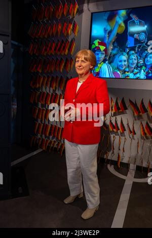 Angela Merkel Wachsfigur, ehemalige deutsche Kanzlerin im Madame Tussauds Berliner Wachsmuseum in Berlin, Deutschland. Stockfoto