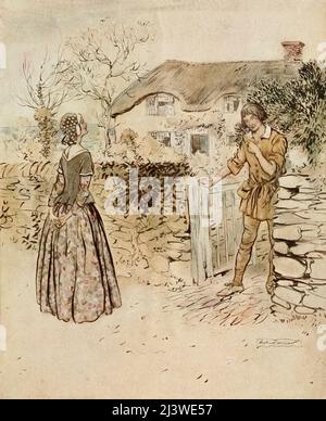 Aus der Ballade "The Gardener", die in dem Buch "Some British Ballads" erschien, illustriert von Arthur Rackham, Publisher New York : Dodd, Mead 1919 Ein Gärtner wirbt um eine Dame, schlägt vor, sie in verschiedenen Blumen zu kleiden. Sie weist ihn mit dem Vorschlag zurück, dass er Schnee und anderes winterlich-wetterhaftes Wetter tragen würde Stockfoto