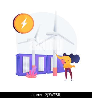 Windpark mit Windmühlen, Energie aus natürlicher Quelle zu beziehen. Windstrom-Generator, umweltfreundliche Transformatorumspannanlage, Energieproduktionsanlage. Stock Vektor