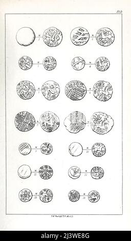 Alte Briten Münzen aus dem Buch "die Münzen der alten Briten" von John Evans, Sir, und gestochen von Frederick William Fairholt und P. Sellier, Verlag London : B. Quaritch 1864 Stockfoto