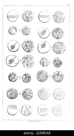 Alte Briten Münzen aus dem Buch "die Münzen der alten Briten" von John Evans, Sir, und gestochen von Frederick William Fairholt und P. Sellier, Verlag London : B. Quaritch 1864 Stockfoto